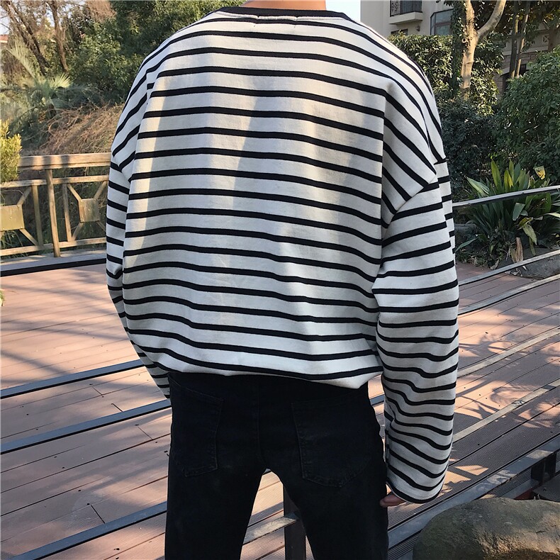 秋季oversize条纹长袖T恤男女韩版情侣宽松打底衫*T162-P50,男装T恤,四季星座713