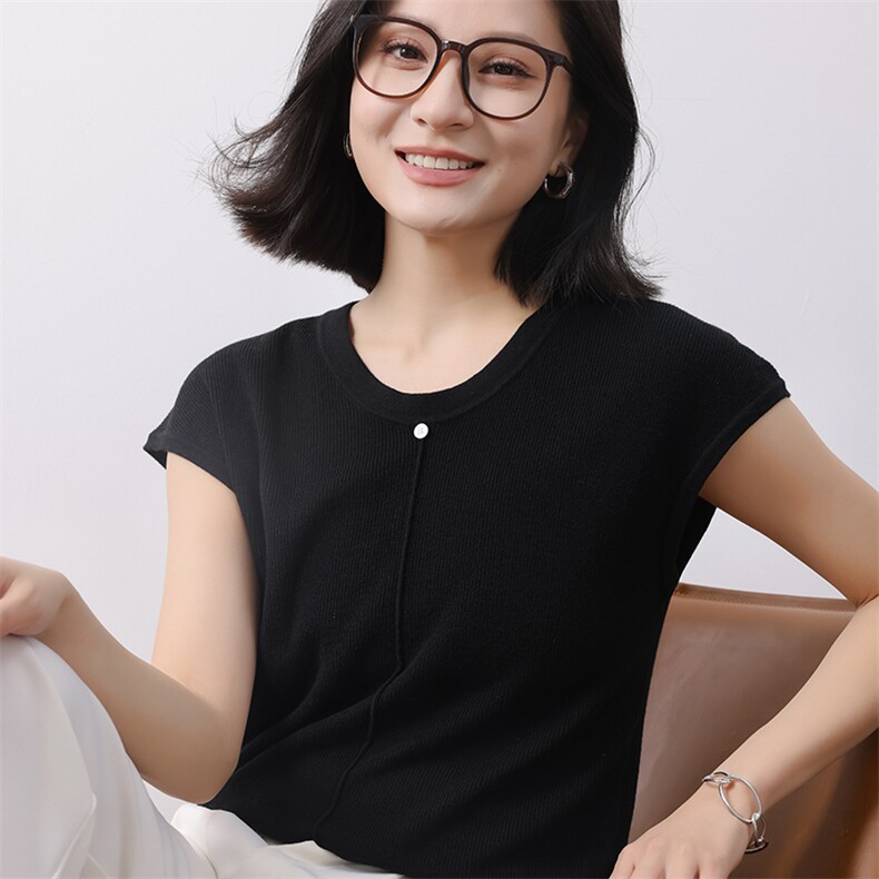 25夏季韩版低领软糯针织T恤女小飞袖上衣无袖打底衫轻薄透气背心图片
