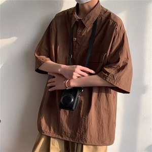 日系复古咖啡色工装短袖衬衫男学院风百搭翻领衬衣外套S8060-p40