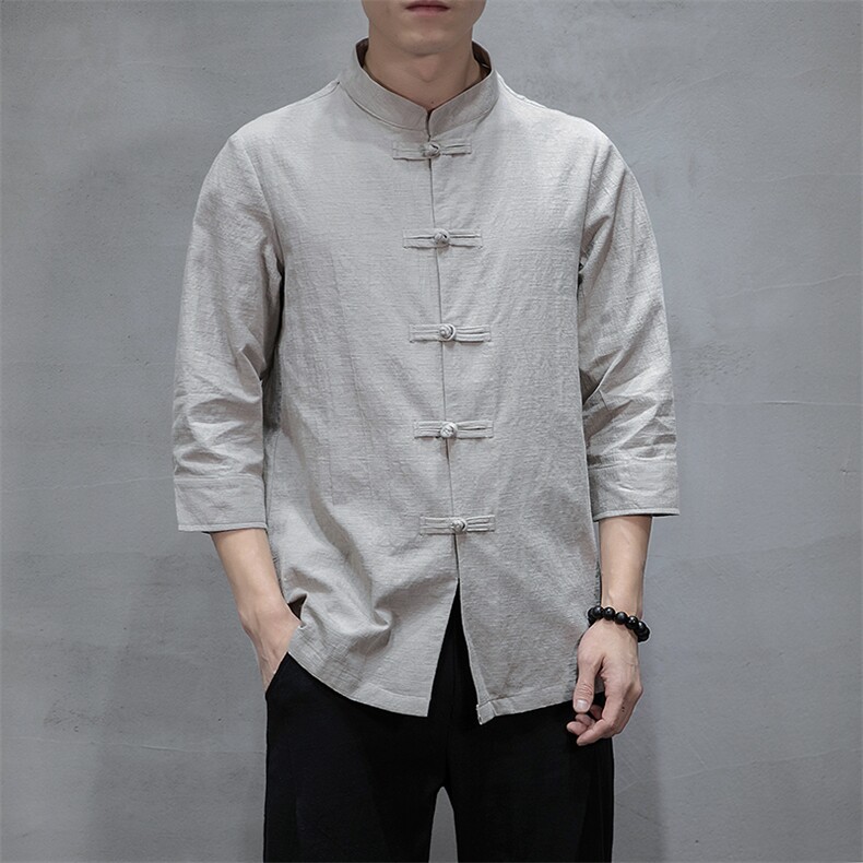2021新款中国风男装棉麻七分袖衬衫男盘扣唐装QT6008-1/CS066/P70,男装衬衫,电商A008