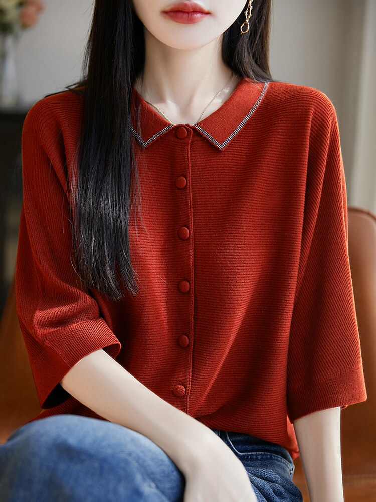 春秋装开衫女POLO翻领针织衫外套外搭宽松,针织衫/毛衣,暖烁特种纱工厂店