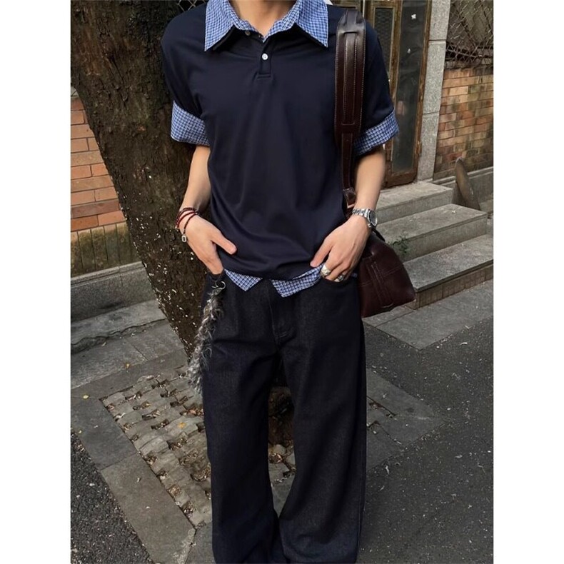现货~自制高品质藏青色假两件短袖衬衫t恤polo衫POLO0003特P45,男装Polo衫,星座908-1