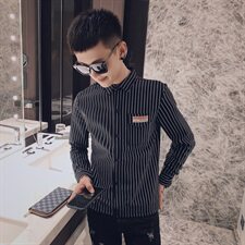 秋季条纹弹力长袖修身衬衫社会精神小伙潮男衬衣C301B-CS06特，男装衬衫，电商C301B