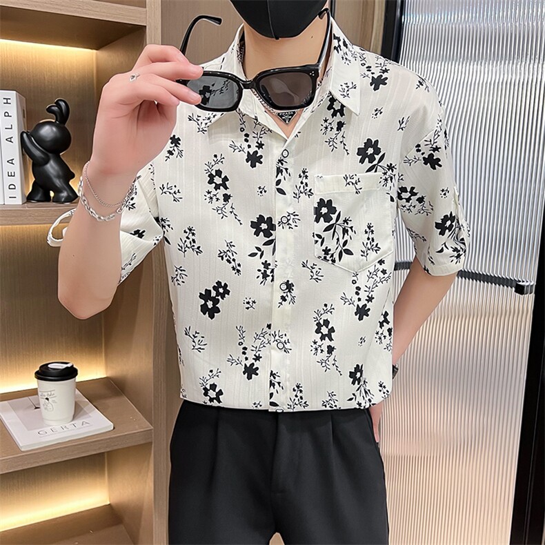 CS539-P45 夏季时尚青年五分袖短袖衬衣青年中袖衬衫碎花图片