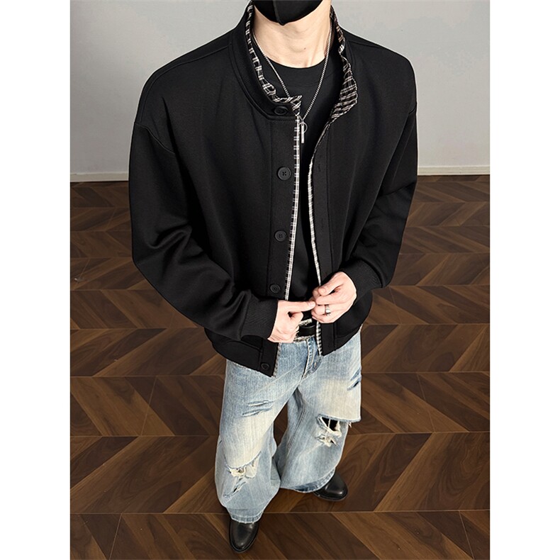 2026新款时尚320g华棉假两件格子拼接开衫外套男J6504特P48控98，女装短外套，电商A001