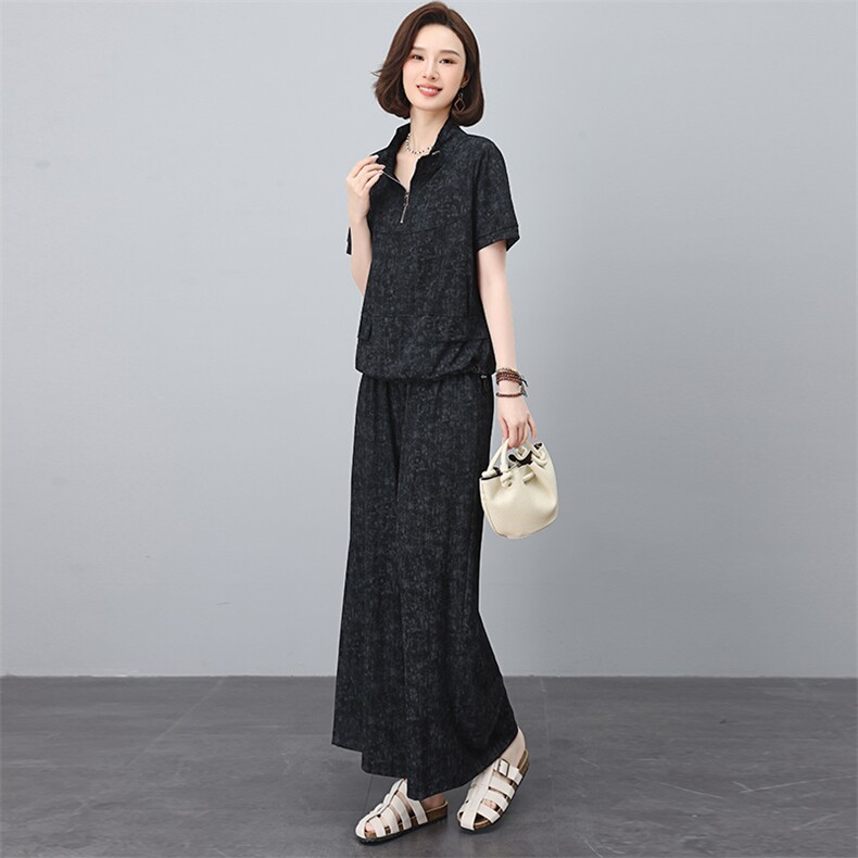 天丝卫衣套装女夏季新款中年妈妈宽松休闲遮肚子减龄阔腿裤两件套,女装套装/套裙,涵誉