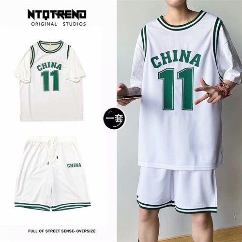 夏季球衣宽松假两件篮球服套装男短袖t恤运动学生班服tz712-p36图片