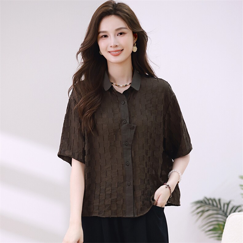 2024夏季新款大码宽松显瘦格子衬衫上衣,女装衬衫,梦芯尔