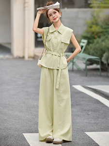 小香风套装女2025夏日新款韩系高级松弛感休闲无袖衬衫阔腿裤穿搭图片