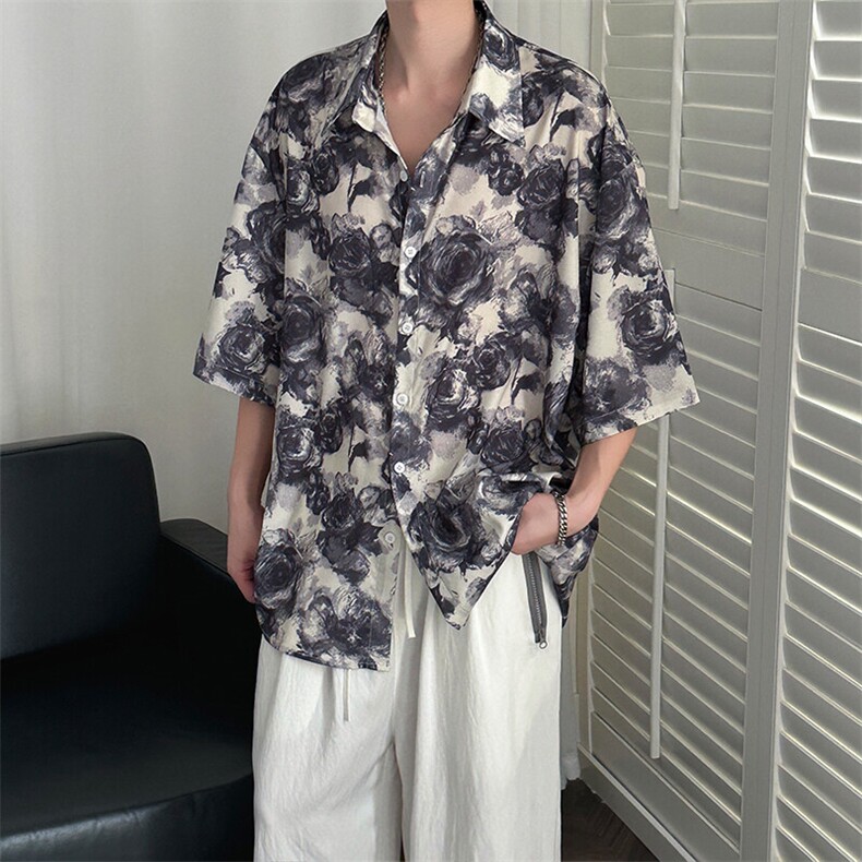 2025现货印花短袖衬衣男潮牌冰丝花衬衫A351-AC25602-p48控89,男装T恤,电商A351