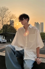 冰丝短袖衬衫X2393-TP3548夏季可二开港风纯色宽松垂感衬衣，男装T恤，电商A102