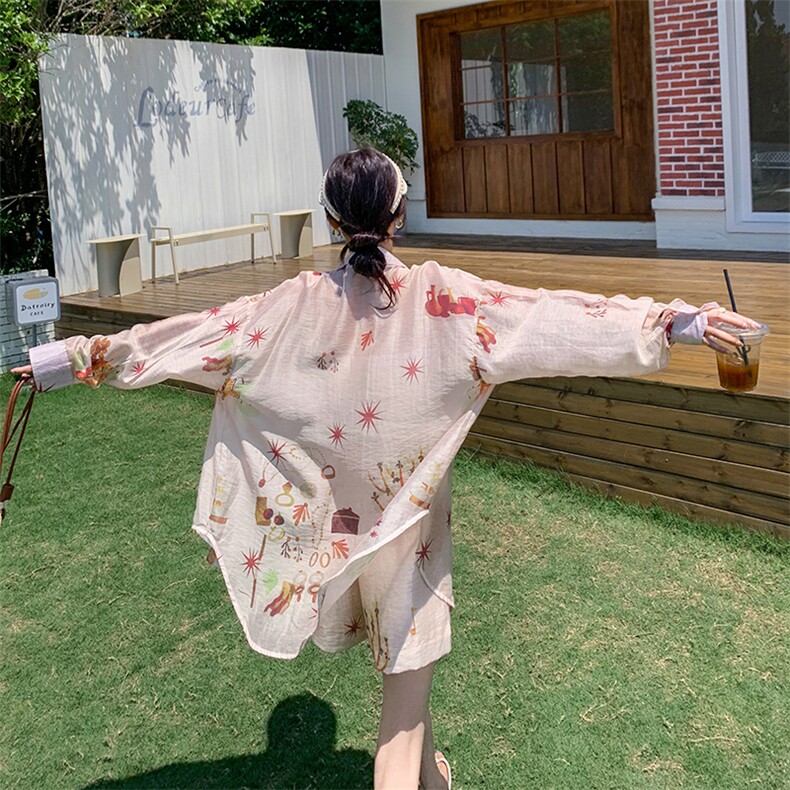 法式海边度假休闲套装女夏季2025新款长袖印花防晒衬衫短裤两件套,女装套装/套裙,维壹