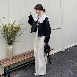 蕾丝拼接娃娃领皮衣外套女2025秋季新款韩系设计感小众休闲短夹克图片