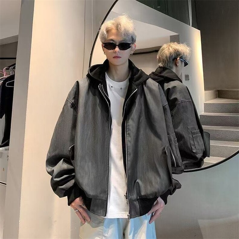 G1565-P70假两件皮衣外套男春季连帽做旧痞帅休闲潮牌美式高街,男装皮衣,电商B323A