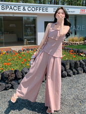 粉色法式简约甜美风吊带上衣套装女2025夏季新款高腰阔腿裤两件套，女装套装/套裙，浙宝220