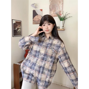 2025新款美式复古格子衬衫女宽松百搭休闲开衫长袖翻领衬衣外套潮,纯色衬衣穿搭女图片