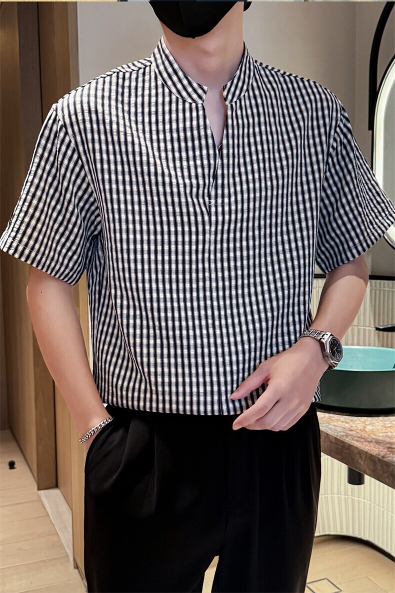 夏男立领格子衬衫男休闲宽松休闲衬衣小伙A236-82560-P60,男装衬衫,电商A236