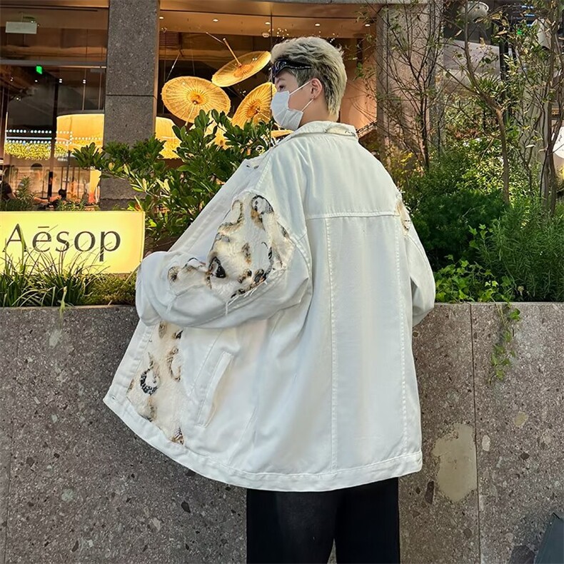 蕾丝拼接牛仔外套男设计感翻领夹克男宽松痞帅外套J2166-P75,男装工装外套,星座1001-1