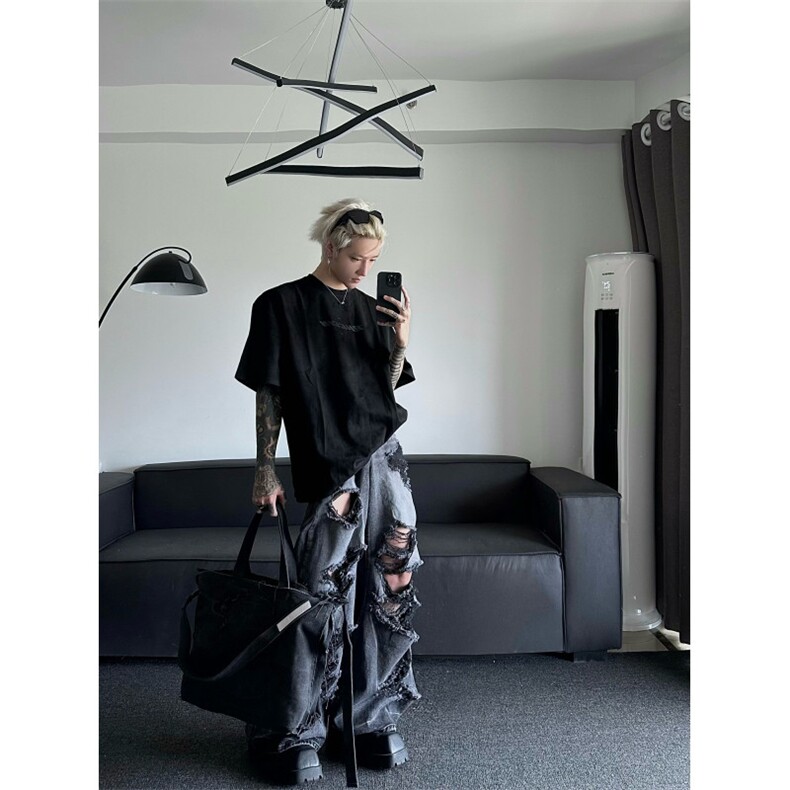 24年春季宽松直筒休闲阔腿破洞牛仔裤X1002-1-NZ2321-P65，男装牛仔裤，星座1002-1