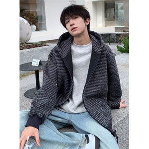 条纹连帽卫衣外套男女款秋早秋季穿搭开衫宽松慵懒风 W801图片