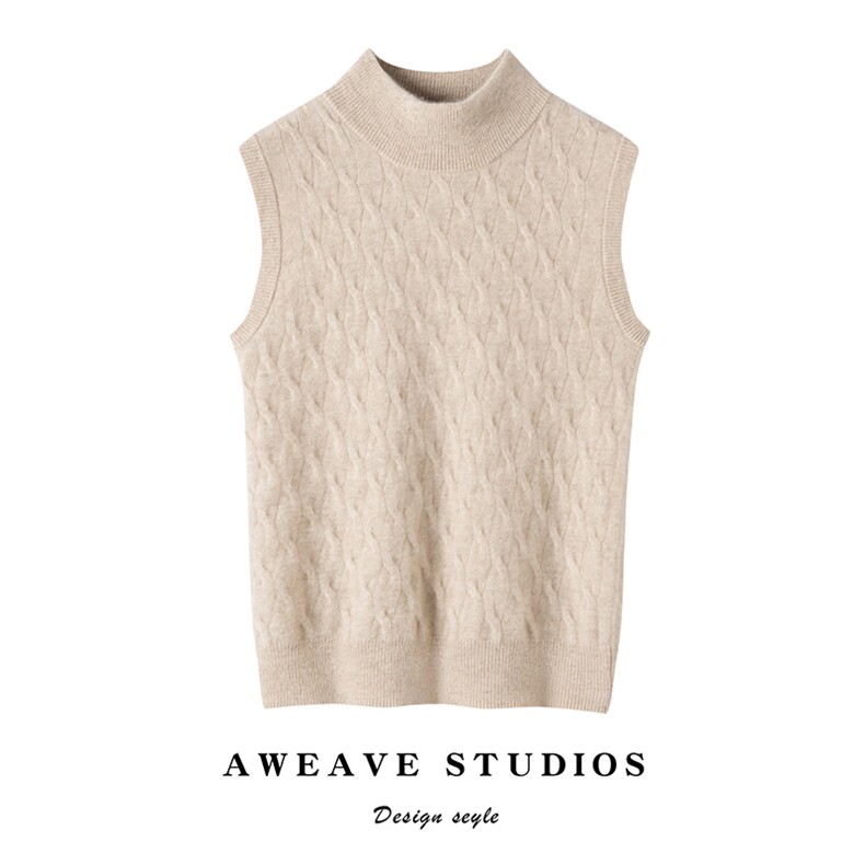 2025夏秋新款羊绒衫女100纯山羊绒无袖纯色针织打底衫半高领背心，女装马甲，咔绒特