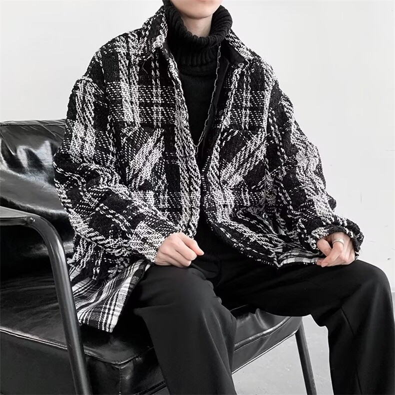 黑白格小香风外套男士小众设计假两件双层毛呢情侣夹克L7744P78,男装夹克,星座1116-2