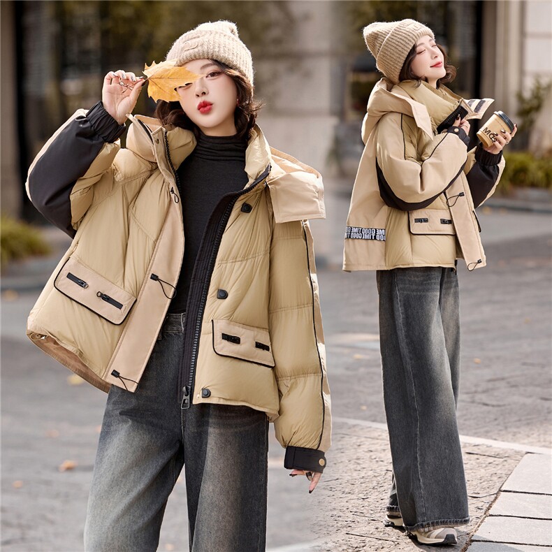 时尚拼接短款羽绒服女2025冬季新款宽松加厚小个子连帽外套，女装羽绒服，依多米