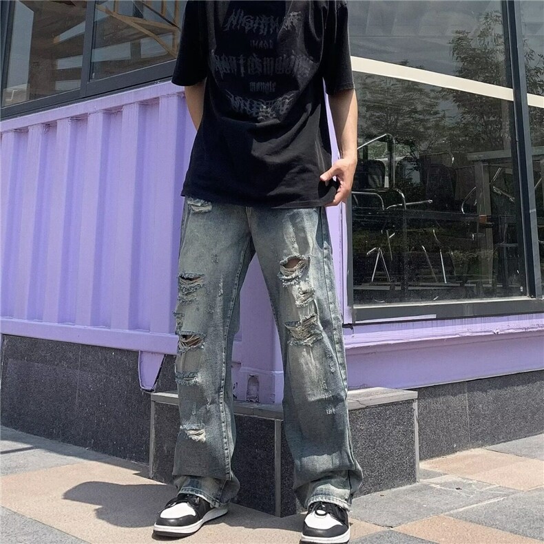 新款！百搭美式复古高街破洞牛仔裤男女款春夏直筒阔腿版型NY303,男装牛仔裤,星座1116A（原606A-3）