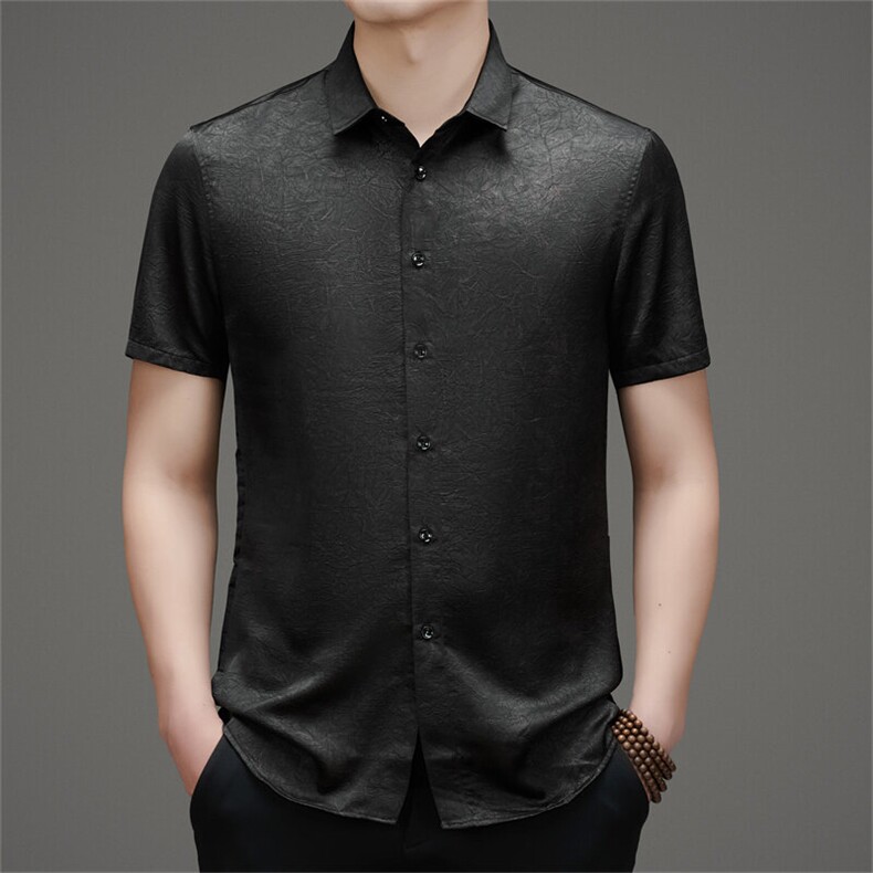 夏季冰丝男士衬衫短袖真丝衬衣半袖中年宽松薄款高级感夏装衣服潮,男装衬衫,电商B212（原钱塘6029）