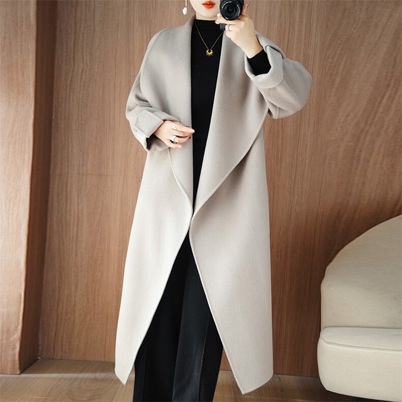 新款系带流行双面羊绒大衣女中长款休闲100羊毛呢大衣冬季外套女，女装双面呢大衣，鹿展羊绒大衣