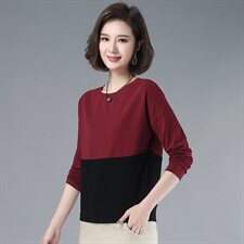 2021年春季通勤韩版圆领拼色长袖T恤女打底经典厚款上衣，女装T恤，伊满意