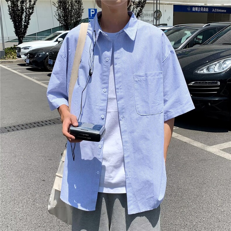 04条纹衬衫短袖韩版潮流夏季新款ins宽松外搭-CS0022-TP26,男装T恤,星座1002-2