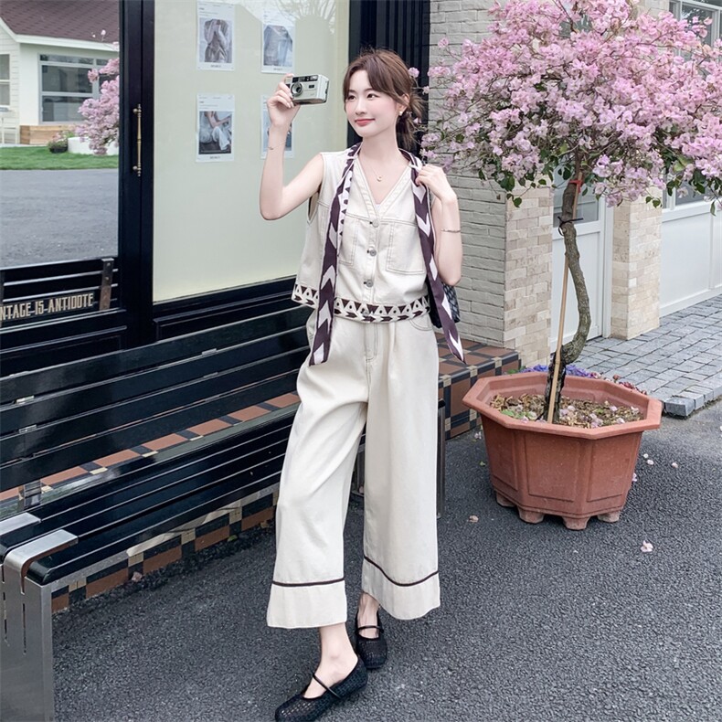 2026年夏季新款老钱风重工刺绣无袖马甲阔腿裤套装女休闲裤两件套，女装套装/套裙，霓裳依族