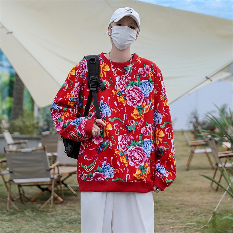 B203圆领大花卫衣大码男女新中式汉服团队表演出饭店火锅店情侣潮,男装民族服装,星座115A(原星座507）