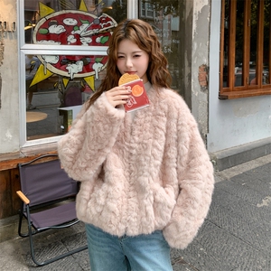 软糯粉色皮毛一体羊羔毛茸仿貂毛外套女秋冬2025新款温柔风厚棉服图片