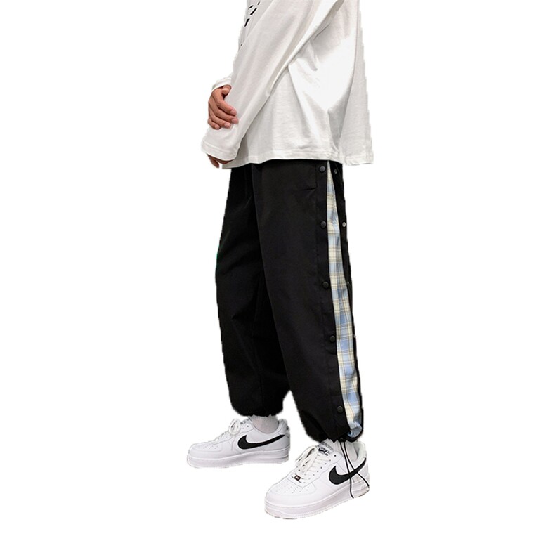 K3080/40春装休闲裤男排扣格子撞色宽松大码束脚运动裤子,男装休闲裤,电商A141