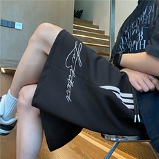 美式复古条纹运动休闲短裤男夏季潮牌大码裤子宽松阔腿直筒五分裤，男装牛仔裤，星座506A