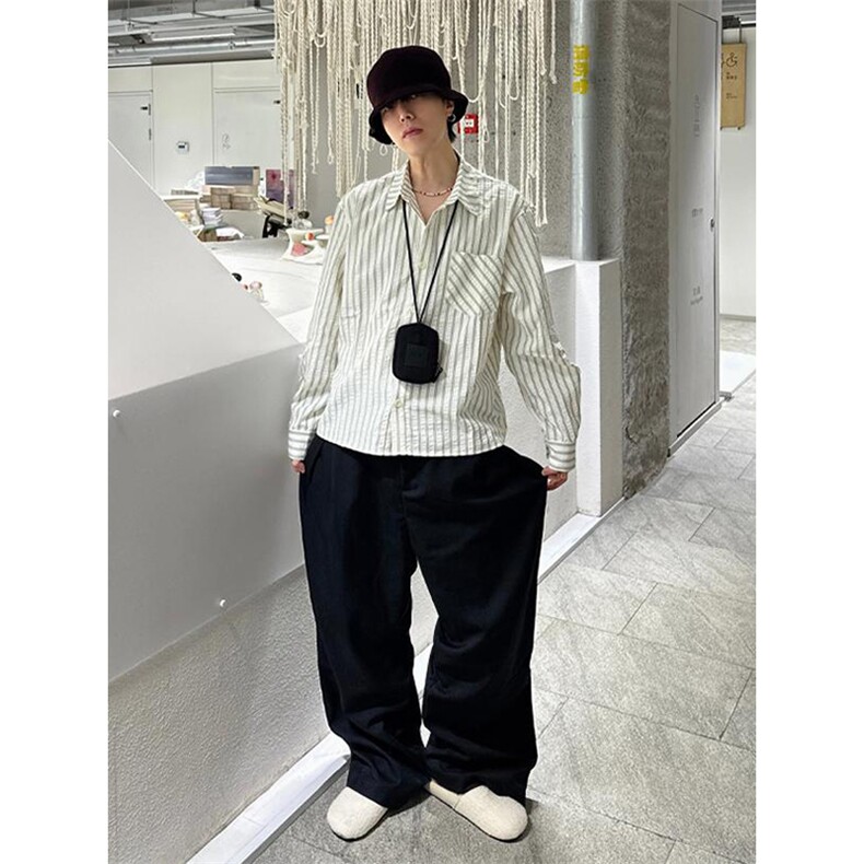 美式潮牌高街复古泡泡纱竖条纹日系肌理长袖衬衫男女休闲宽松衬衣，男装衬衫，电商A443