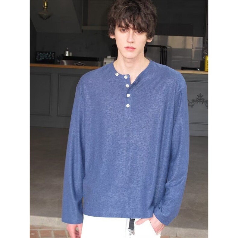 美式复古风亨利领打底衫高克重水洗男士纯色圆领长袖T恤上衣，男装T恤，星座516A
