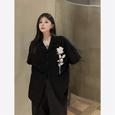 高品质暗黑系复古玫瑰印花短袖衬衫半袖衬衣男女夏7806-P46，男装衬衫，星座910-1