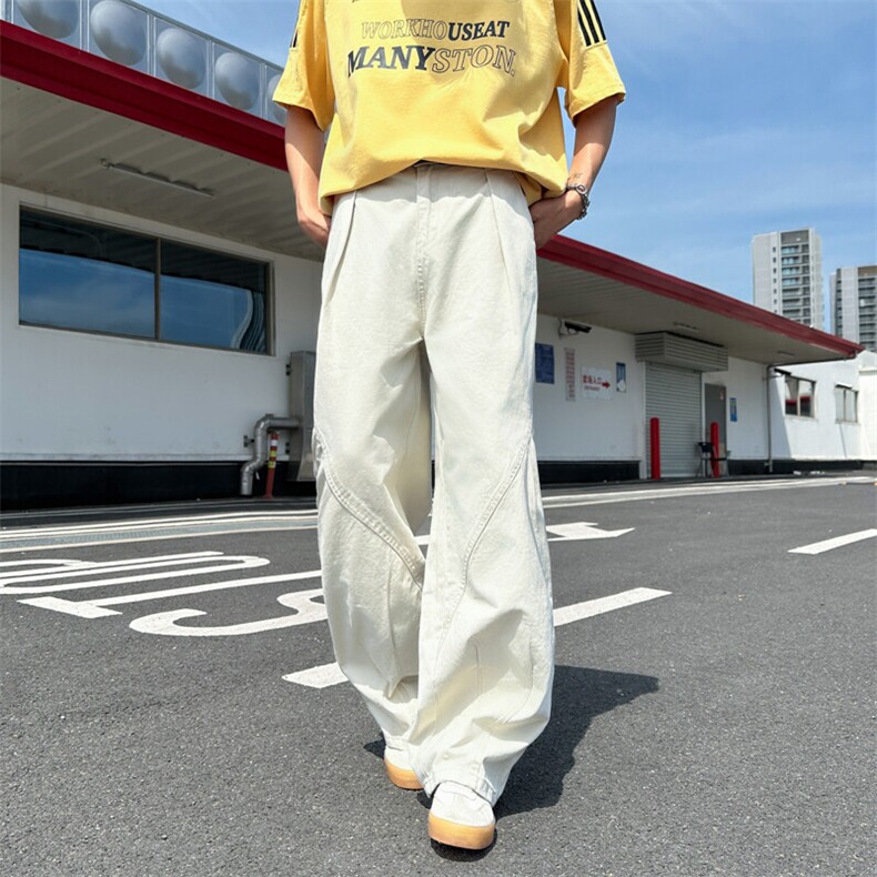 美式复古拼接弯刀牛仔裤潮流宽松休闲裤图片