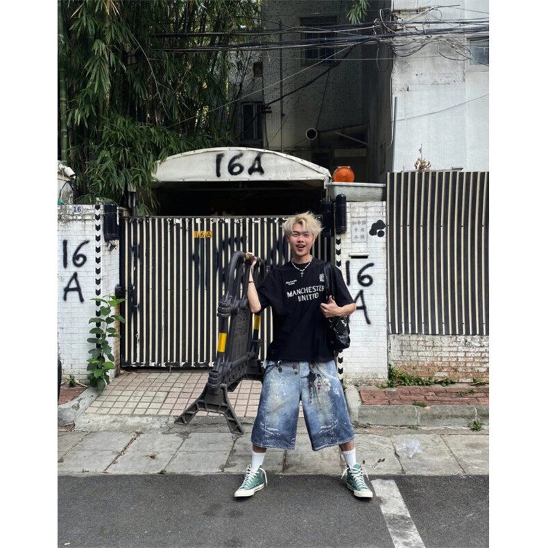 DKN47LL-P60美式复古贴画印花牛仔短裤男宽松直筒七分裤,男装牛仔裤,星座1007（原301D）