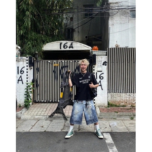 DKN47LL-P60 美式复古贴画印花牛仔短裤男宽松直筒七分裤图片