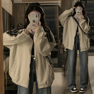 条纹麂皮绒外套女2025年春款立领开衫宽松夹克女C797-P100图片