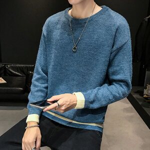 款5768青少年半高领毛衣男条纹宽松线衣潮流韩版冬季图片