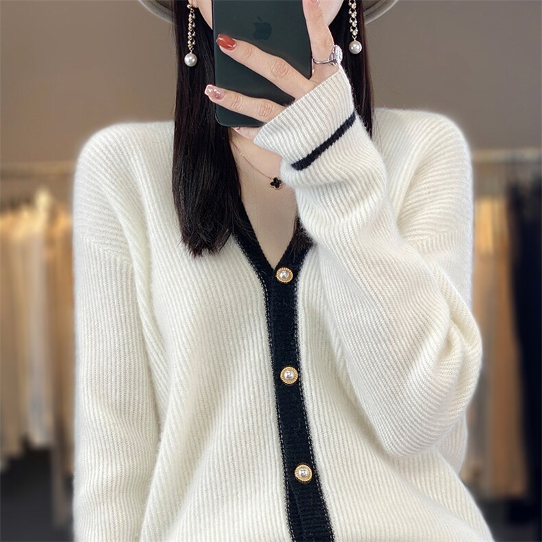 2024秋冬新款V领羊毛衫女士宽松显瘦拼色开衫外套毛衣上衣图片