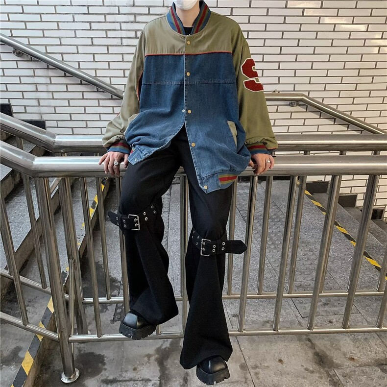 美式复古今年流行牛仔外套男女美秋季新款拼接百搭独特棒球服,男装工装外套,星座813-2