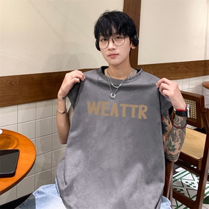 ！2025夏季新款男士无袖T恤字母印花麂皮绒背心TLBX22特P18图片