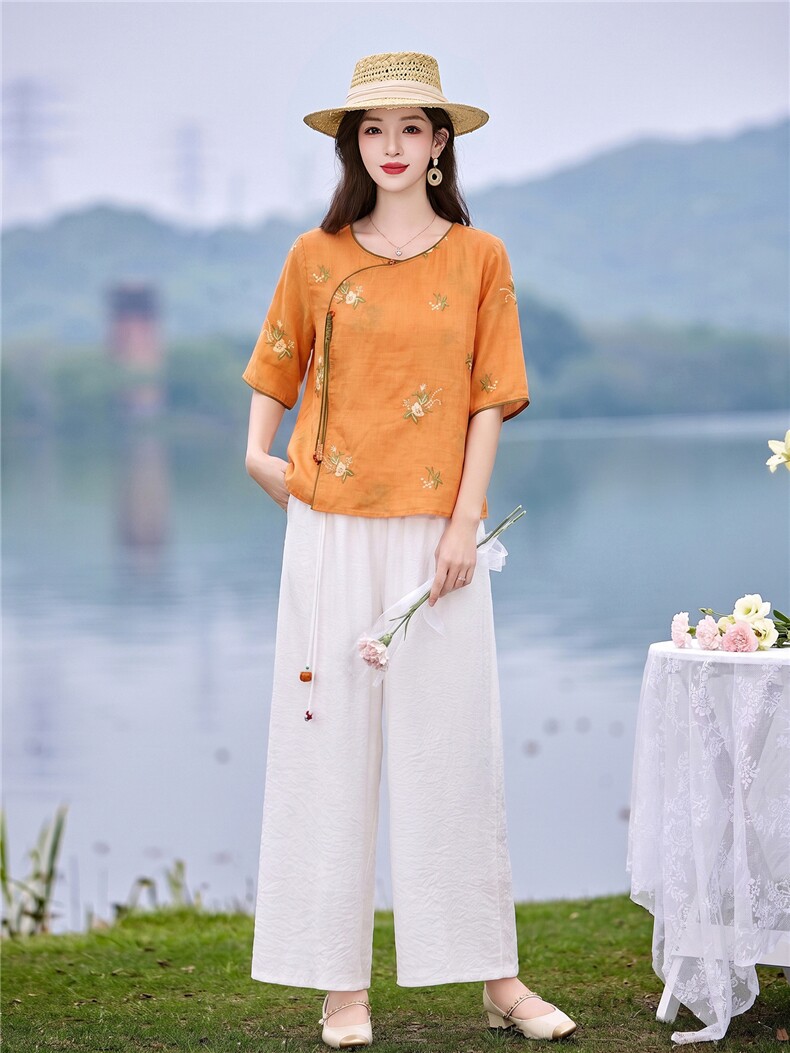 时尚洋气刺绣苎麻套装女2026夏季新款宽松遮肉显瘦阔腿裤两件套,女装套装/套裙,魅影
