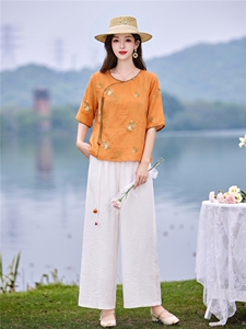 时尚洋气刺绣苎麻套装女2026夏季新款宽松遮肉显瘦阔腿裤两件套图片